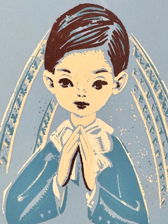 Vintage 60s paint on tile, long wood frame, signed Daniel Lareau, Boy Praying - Picture 3 of 7